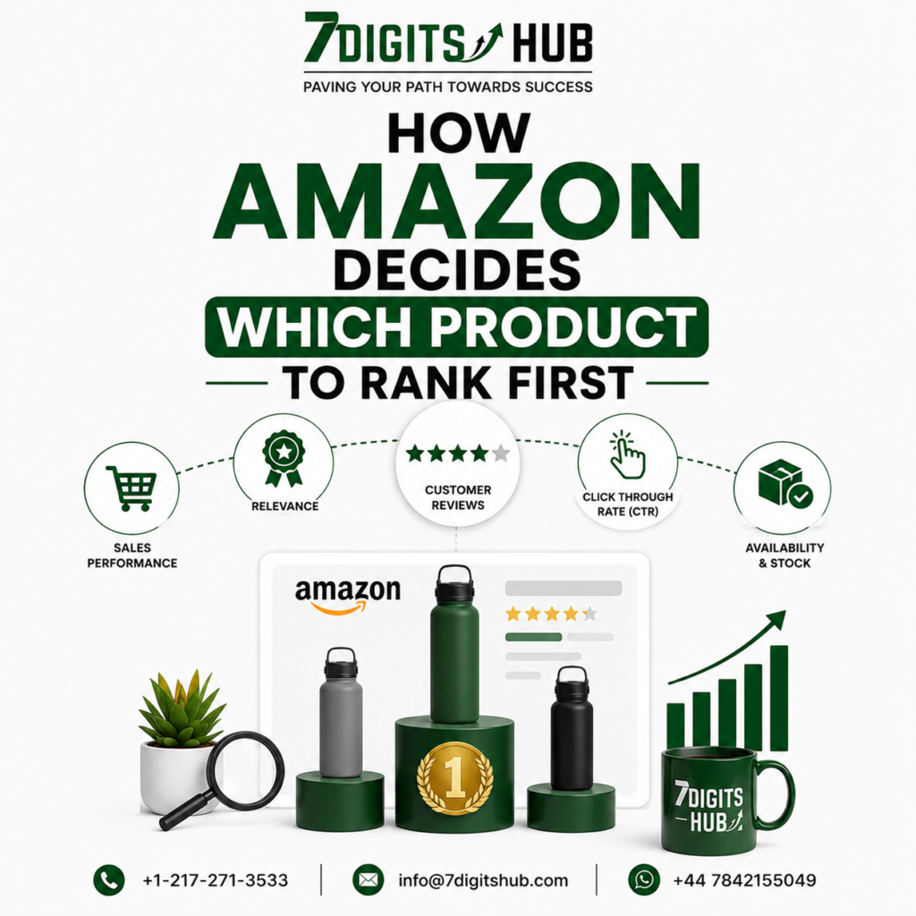 "How Amazon decides which product ranks first based on relevance, customer reviews, click-through rate, sales performance, and stock availability."