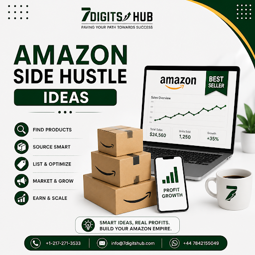 Amazon side hustle ideas infographic showing how to find products, source smartly, optimize listings, and grow an Amazon FBA business with sales growth dashboard and packaging visuals