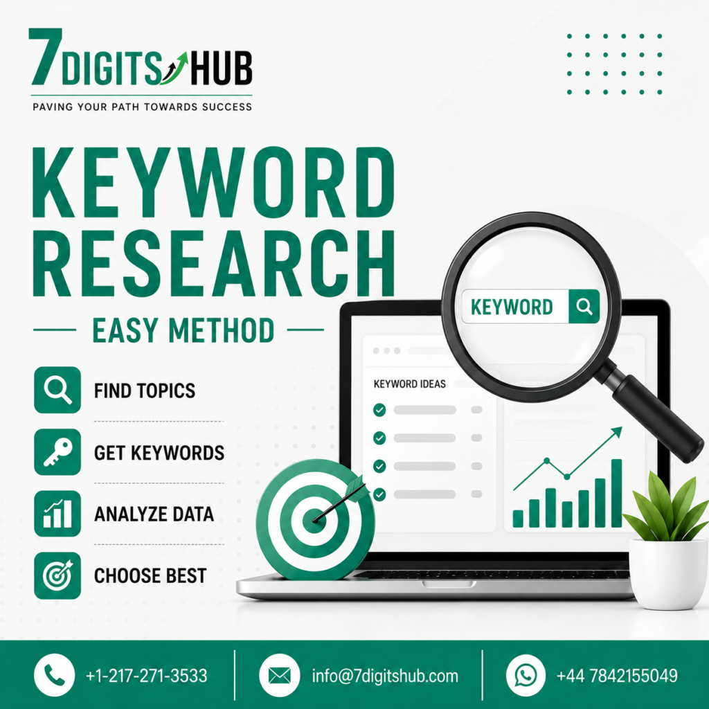 "Professional keyword research training graphic by 7 Digits Hub. The design features a laptop displaying keyword ideas and analytics, a magnifying glass highlighting the word 'Keyword,' and a target icon representing search optimization. Key steps shown include Find Topics, Get Keywords, Analyze Data, and Choose Best. The green and white themed layout promotes SEO, keyword research, and digital marketing strategies."
