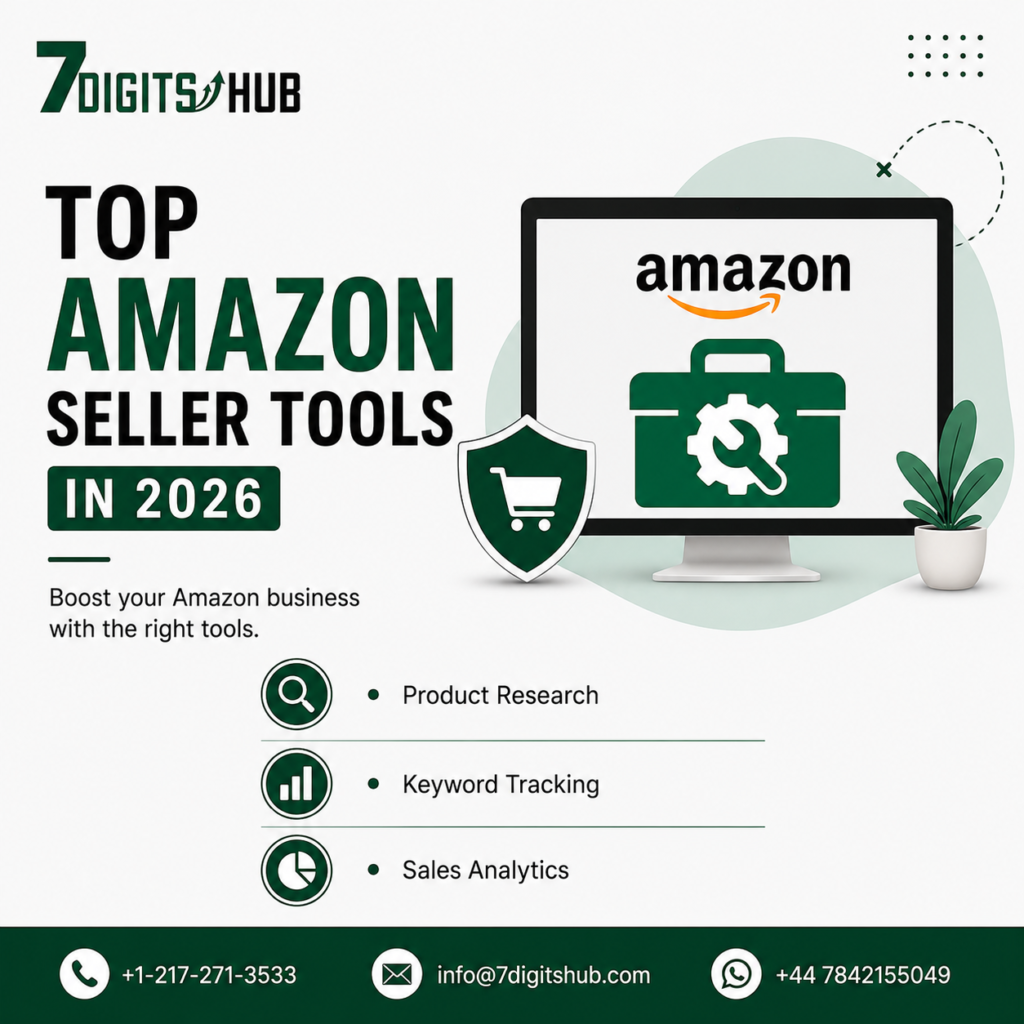 Top Amazon Seller Tools in 2026 infographic featuring product research, keyword tracking, and sales analytics tools for Amazon sellers.