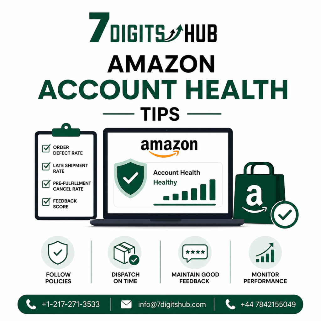 Infographic explaining Amazon Account Health tips, including order defect rate, late shipment rate, pre-fulfillment cancel rate, feedback score, policy compliance, and seller performance monitoring.