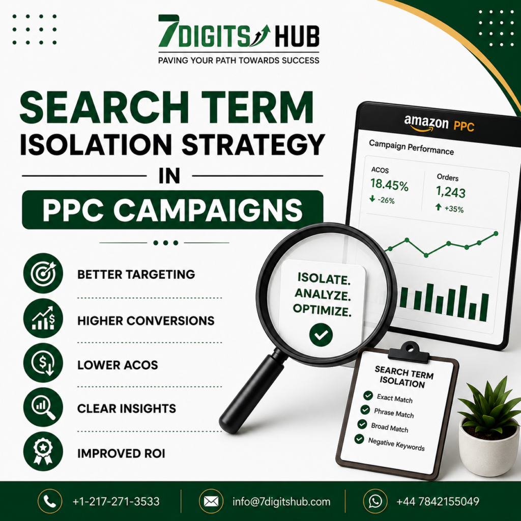 Search Term Isolation Strategy in Amazon PPC campaigns showing benefits like better targeting, higher conversions, lower ACoS, clear insights, and improved ROI.
