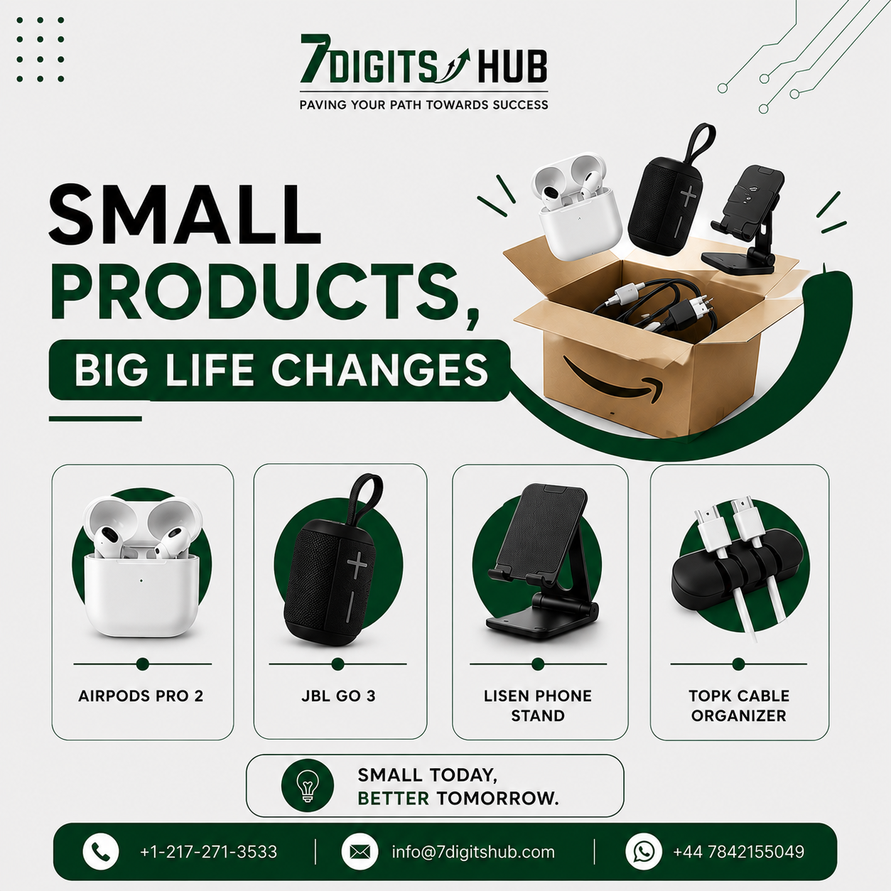 Small Amazon products including wireless earbuds, Bluetooth speaker, phone stand, and cable organizer for everyday convenience.