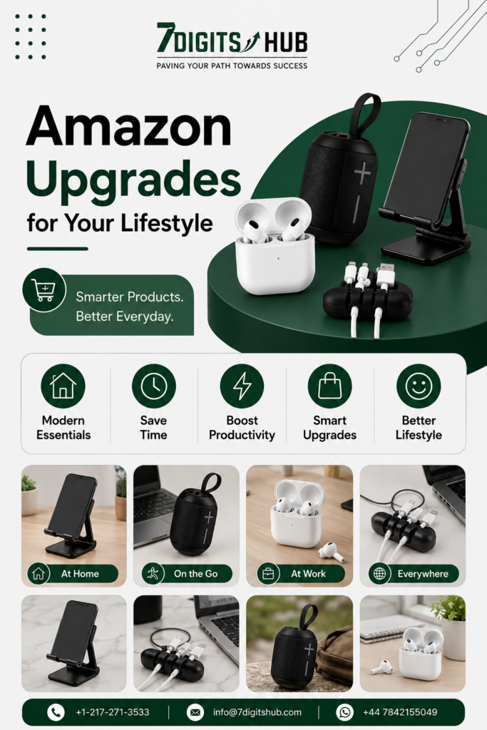 Amazon lifestyle accessories including wireless earbuds, Bluetooth speaker, adjustable phone stand, and cable organizer designed to improve productivity and everyday convenience.