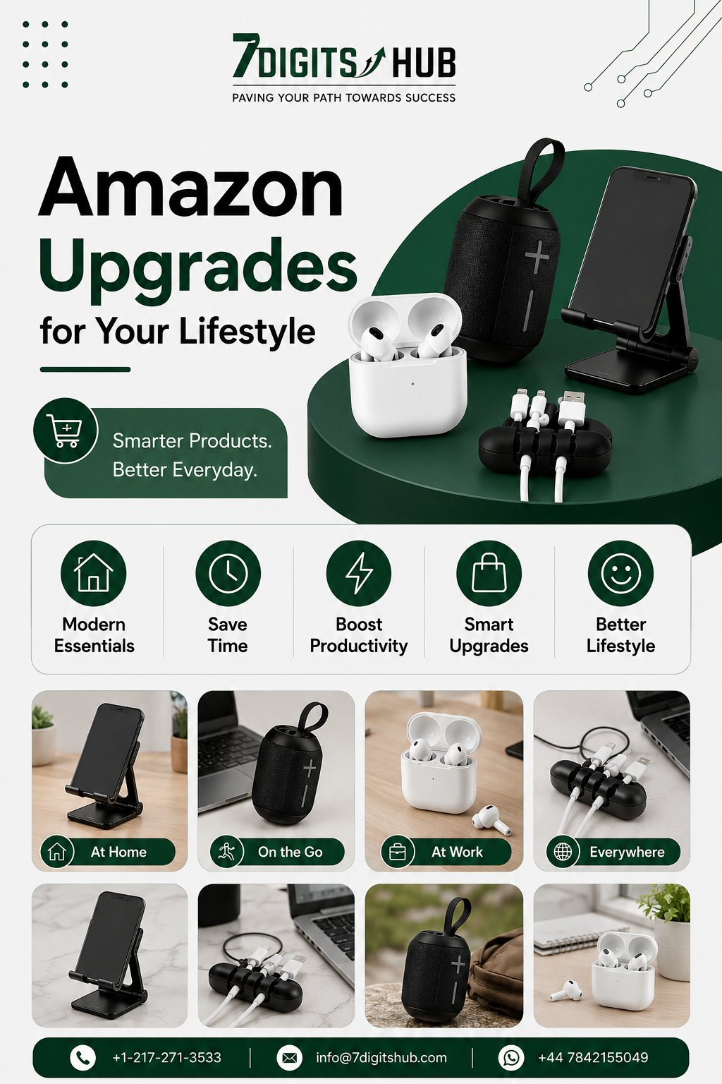 Amazon lifestyle accessories including wireless earbuds, Bluetooth speaker, adjustable phone stand, and cable organizer designed to improve productivity and everyday convenience.