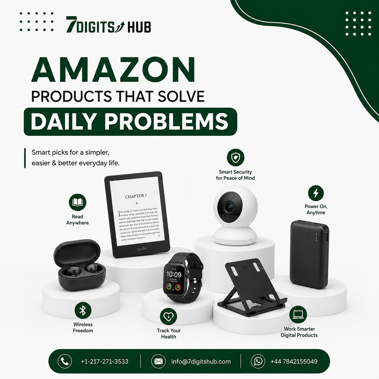 Amazon products that solve daily problems featuring wireless earbuds, Kindle eReader, smart security camera, smartwatch, laptop stand, and portable power bank.