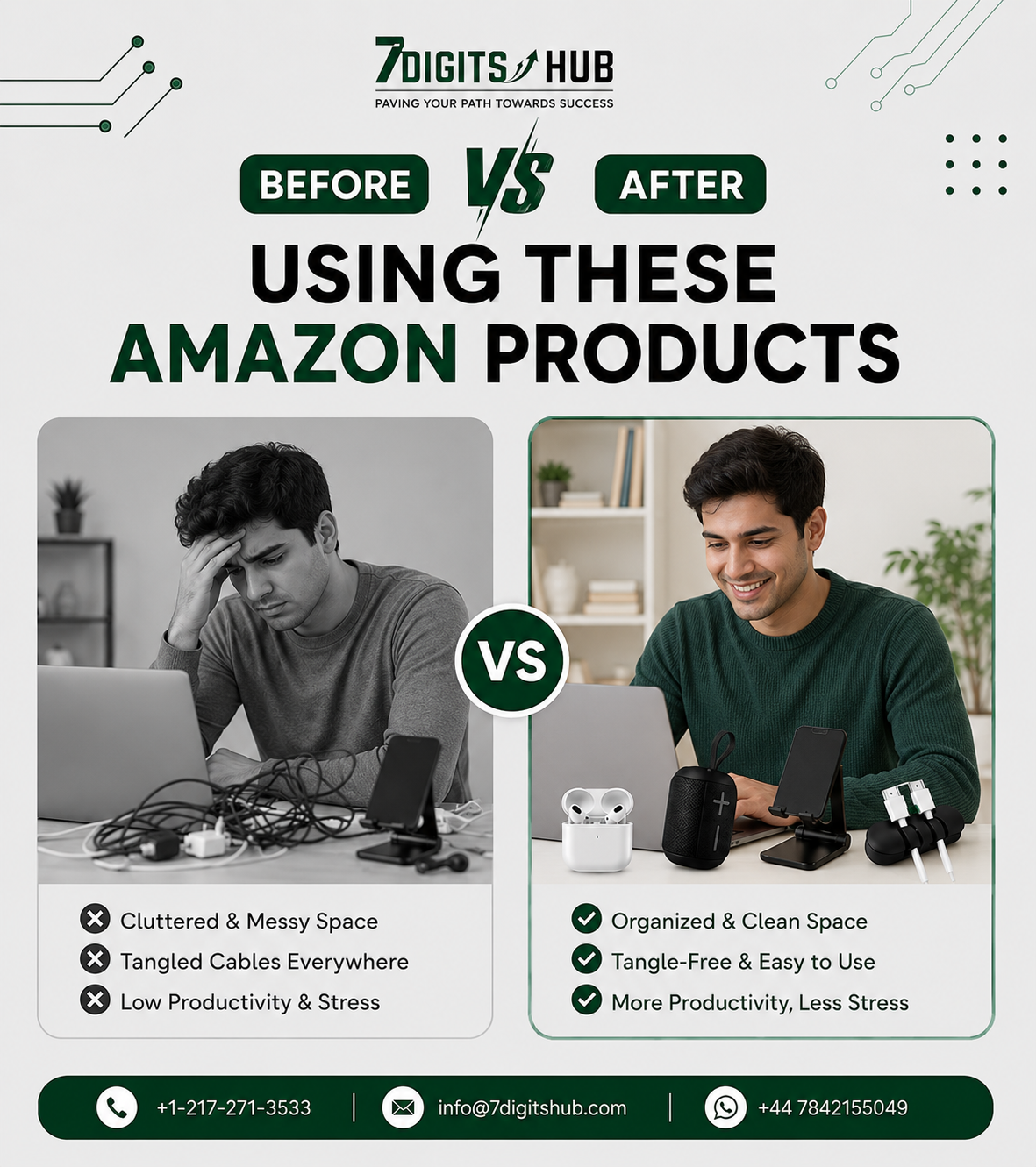 Before and after comparison showing how Amazon desk accessories improve workspace organization, reduce cable clutter, and increase productivity.