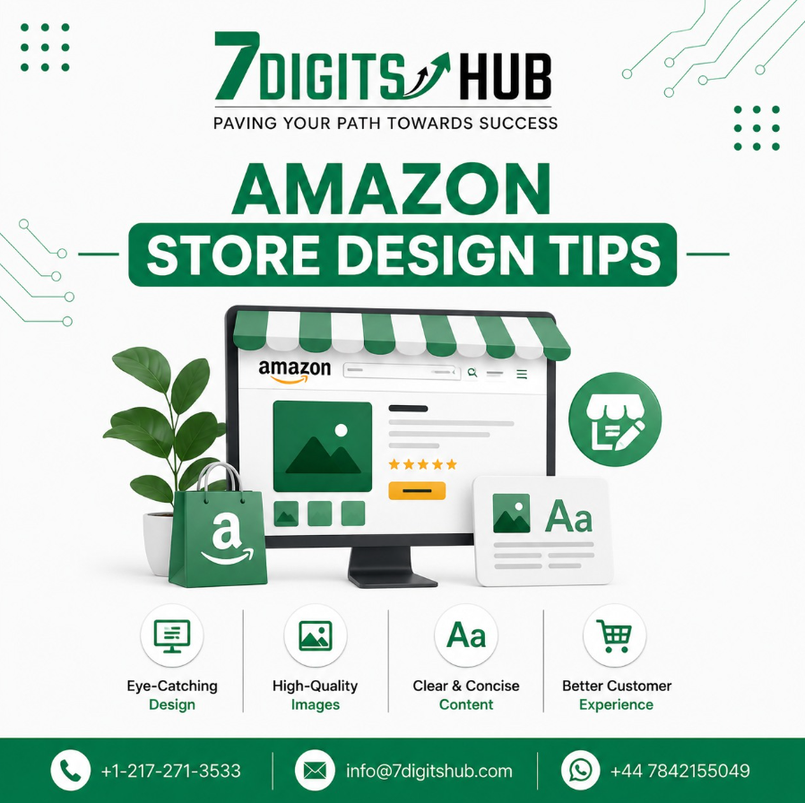 Amazon Store Design Tips infographic showing eye-catching design, high-quality images, clear content, and improved customer experience for higher Amazon sales.