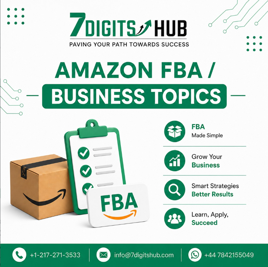 Amazon FBA business guide infographic featuring Fulfillment by Amazon, business growth strategies, product sourcing, inventory management, and Amazon seller success.