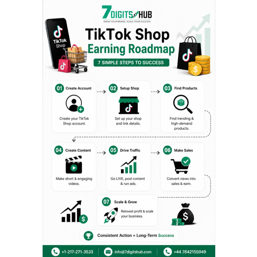 Infographic illustrating the seven-step TikTok Shop earning roadmap, including account creation, shop setup, product research, content creation, traffic generation, sales conversion, and business growth.