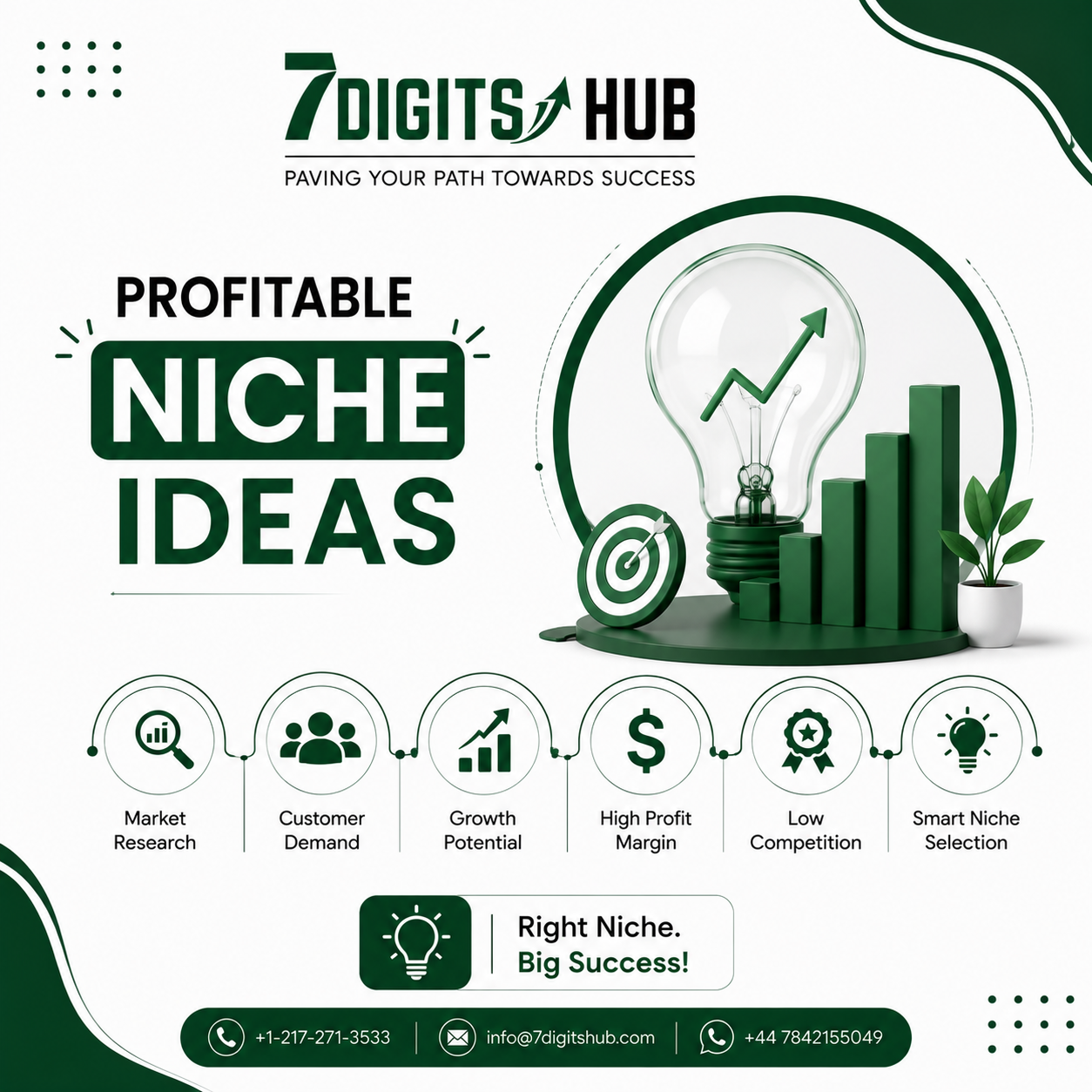 Profitable niche ideas infographic showing market research, customer demand, growth potential, high profit margins, and low competition for Amazon sellers.
