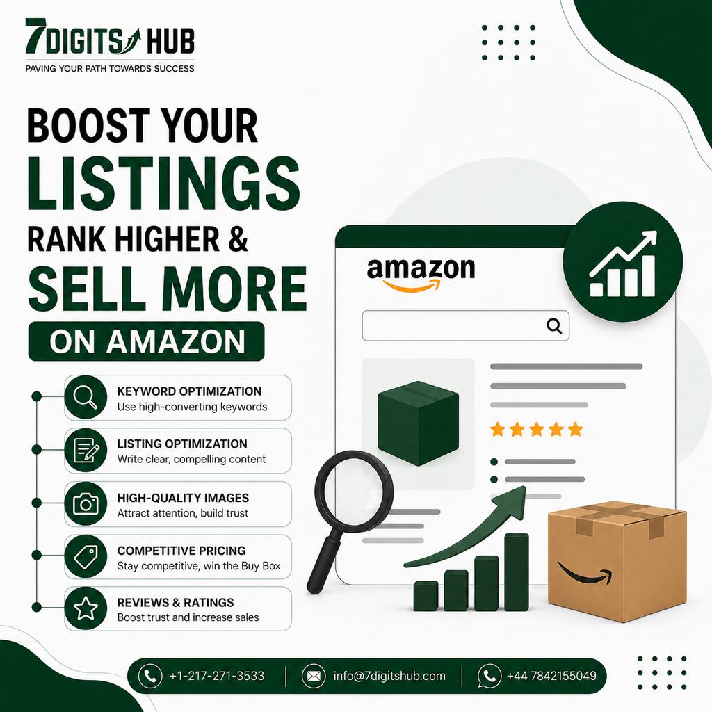 Illustration showing Amazon listing optimization strategies including keyword optimization, listing optimization, high-quality images, competitive pricing, and reviews to rank higher and sell more.